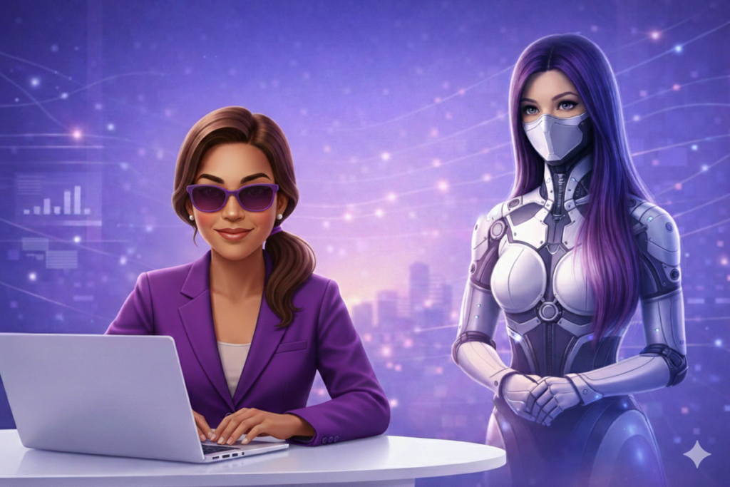 Ellie working at a laptop with her AI sidekick ELL-E 2.0, symbolizing supportive and responsible AI use