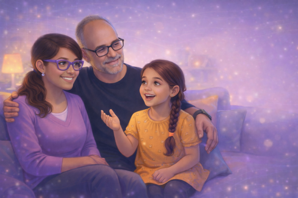 Calm family conversation on a couch with parents listening attentively as their young daughter shares something meaningful in a warm, cozy home setting