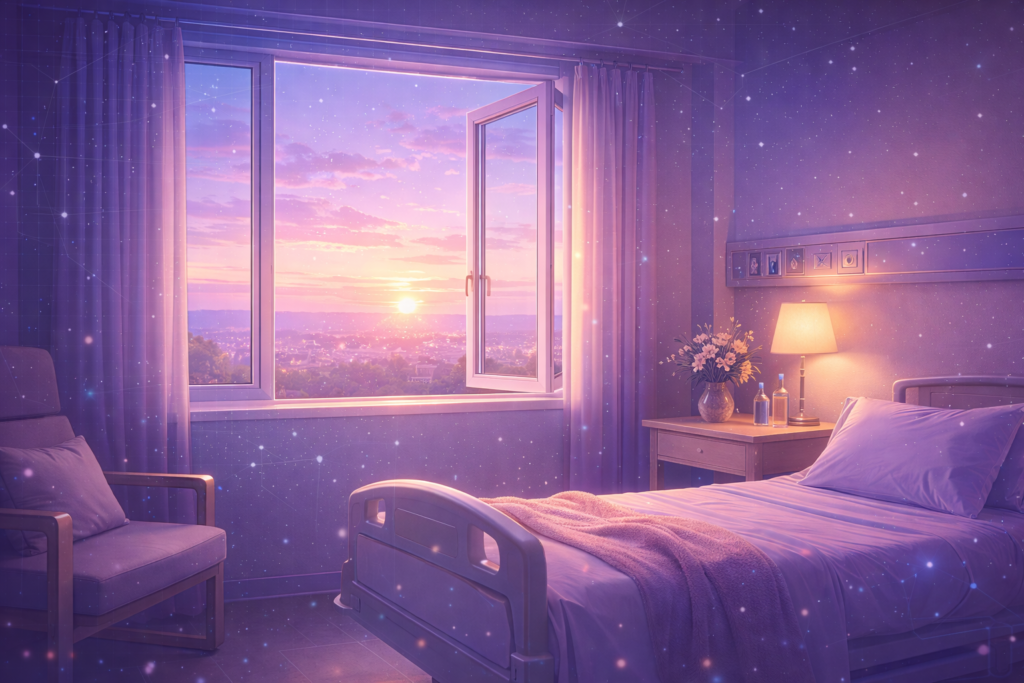 Digital illustration of a calm hospital room at sunrise, with soft pastel light coming through an open window, creating a peaceful and hopeful atmosphere.