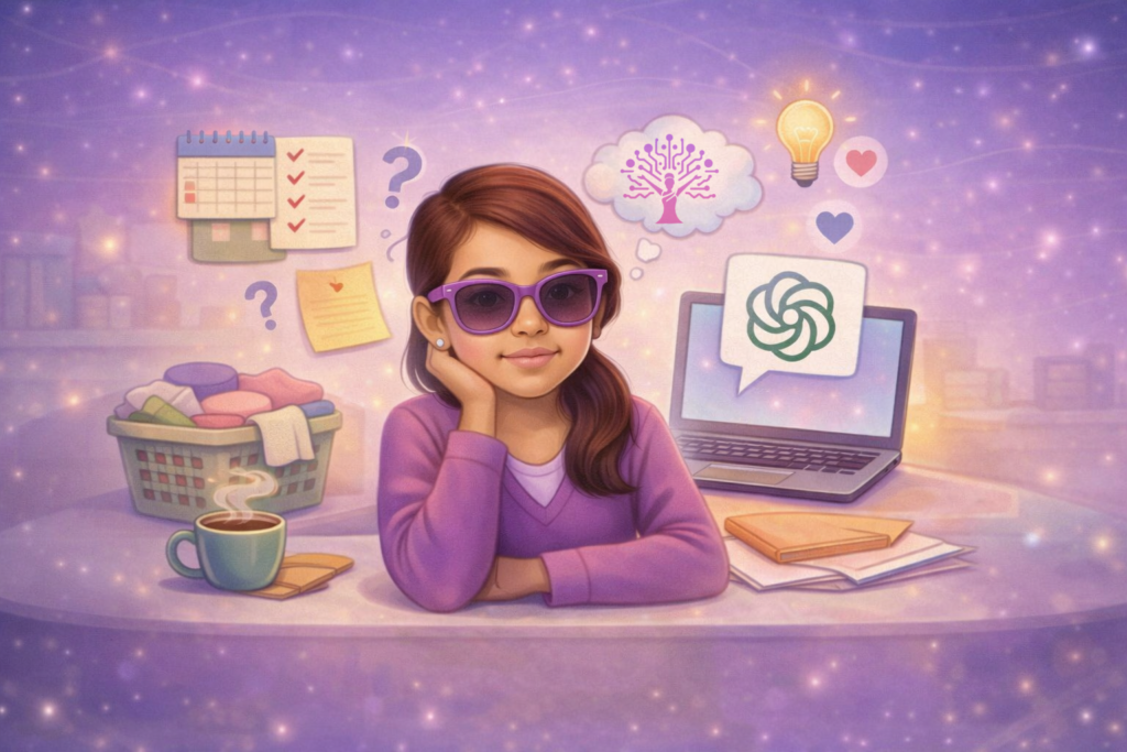 Illustration of Ellie in purple sunglasses and a purple sweater resting her head at a desk with a coffee mug, laundry basket, calendar and checklist, notes, and a laptop showing an AI chat icon. A soft purple starry background with gentle icons suggests calm support and mental load relief.