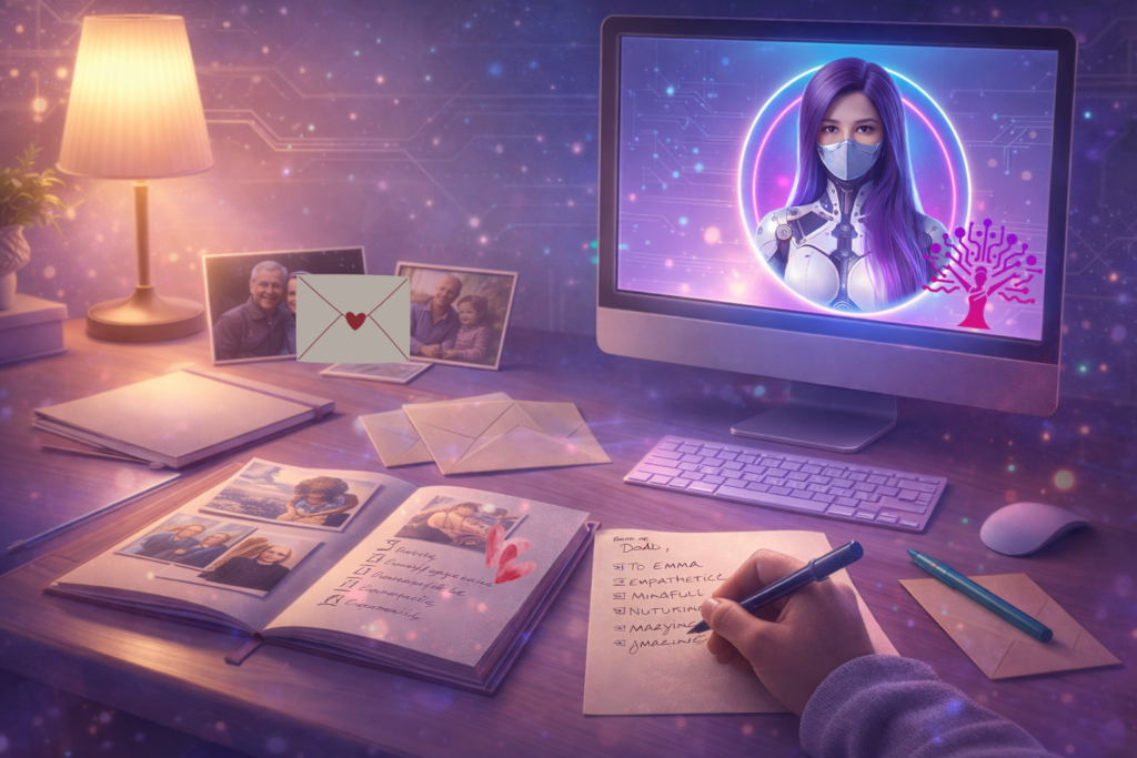 Cozy home workspace with handwritten notes, family photos, and a scrapbook on a desk, softly lit by a warm lamp, with a computer screen showing ELL E 2.0 as a calm AI sidekick, symbolizing human centered creativity and meaningful gifts supported by AI.