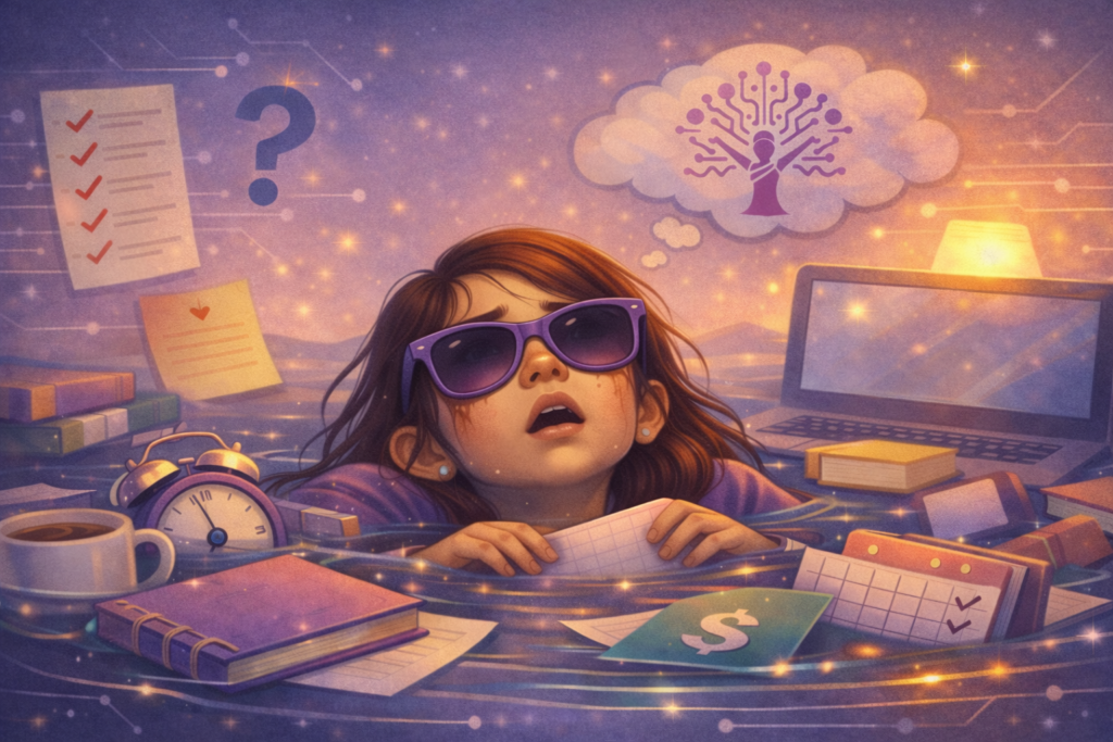 Illustration of an overwhelmed mom submerged in floating tasks and responsibilities, resting at the surface with an exhausted expression, surrounded by planners, calendars, and a laptop in a calm pastel workspace.