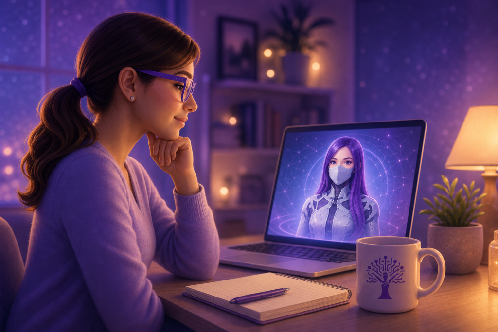 Mom planning her weekly reset routine with AI on a laptop while Ell-E 2.0 appears on screen, with a notebook and AI Mama Boss logo mug in a calm purple workspace
