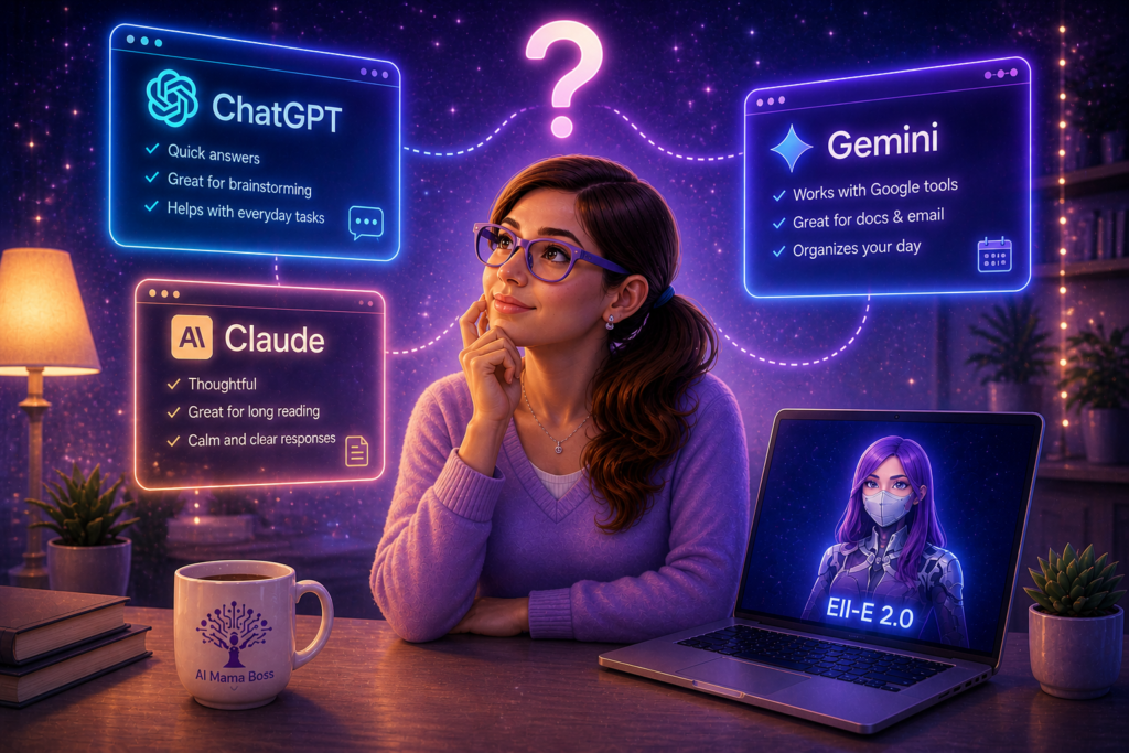 Ellie choosing between ChatGPT Claude and Gemini with Ell E 2.0 on screen in a calm workspace for moms learning AI